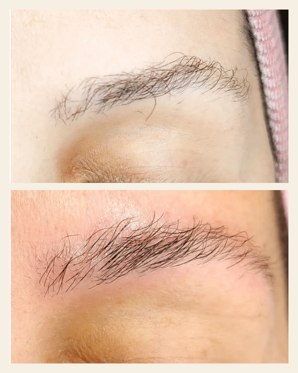 Avant après sourcils avec zone clairsemée visiblement redessinée.