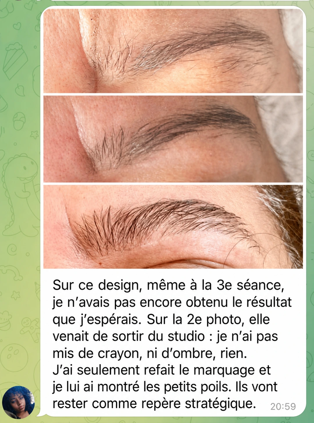 Print de portfolio sourcils avec résultat et texte de retour cliente.