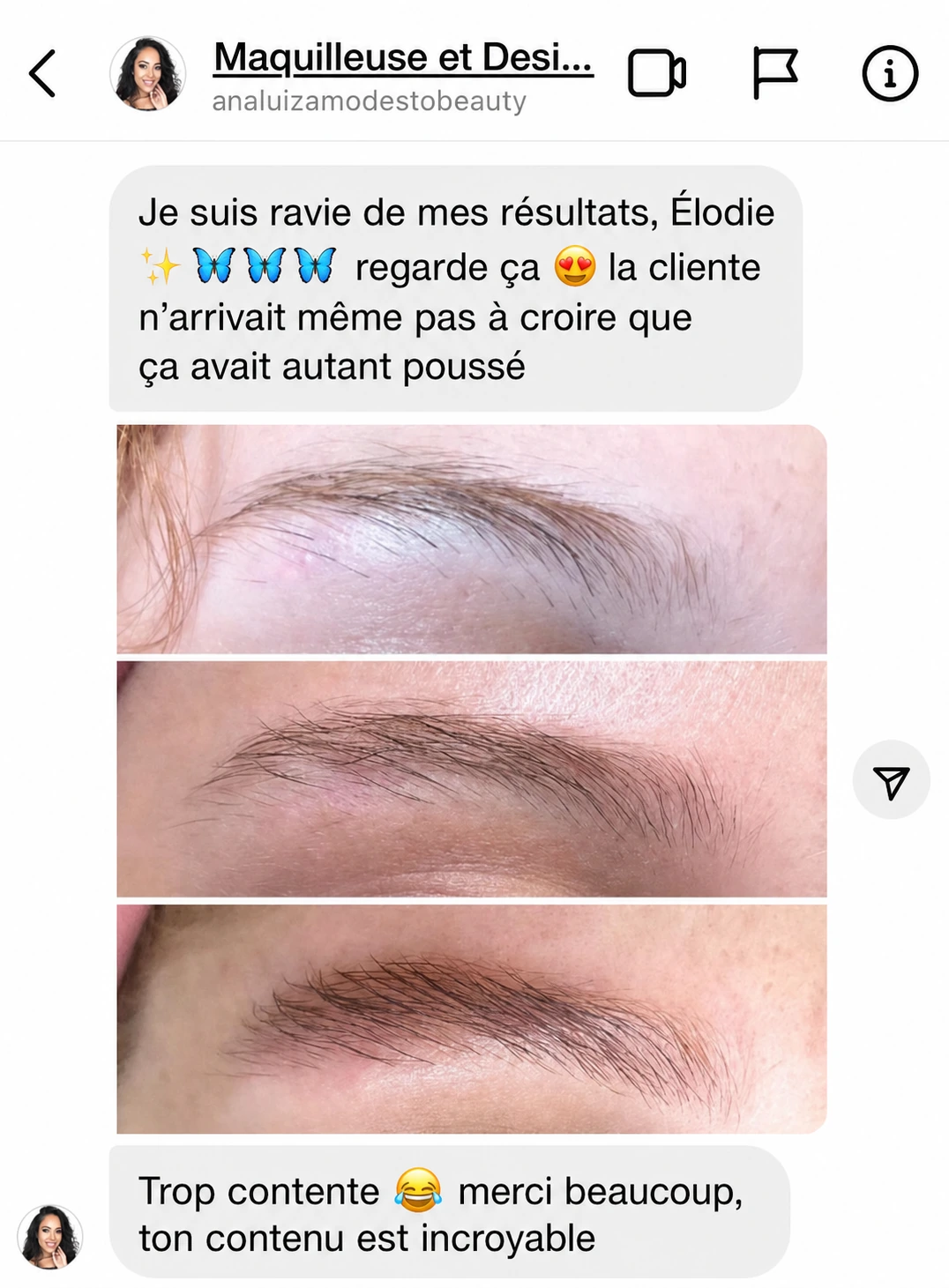 Print social de résultat sourcils avec commentaire de cliente.