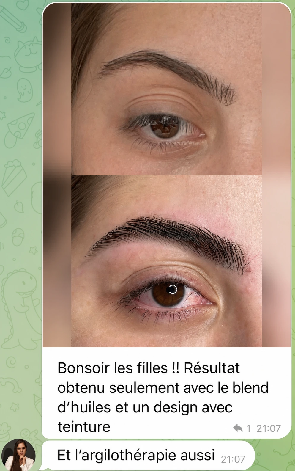 Conversation avec photo de résultat sourcils et texte explicatif.
