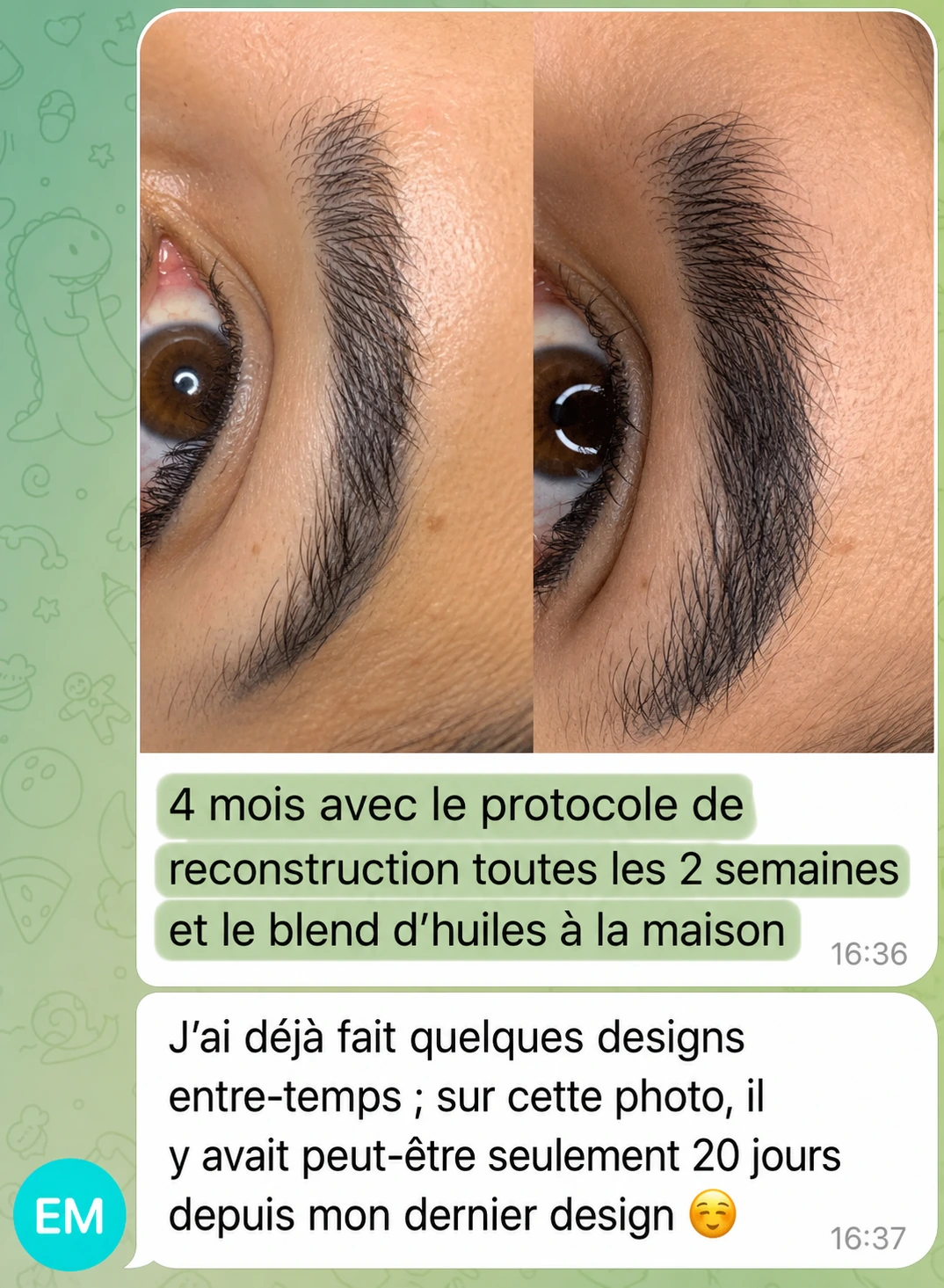 Conversation avec portfolio sourcils et texte sur le protocole.