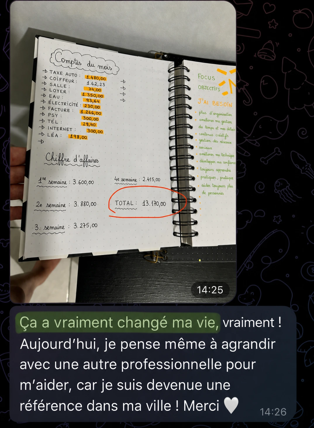 Témoignage cliente sur carnet de rendez-vous et résultat professionnel.