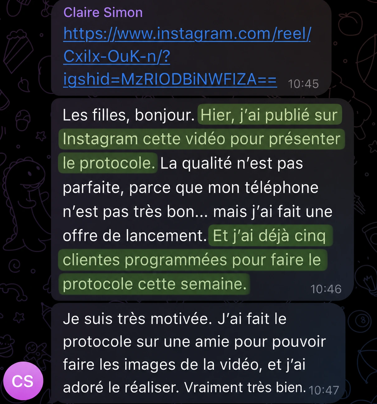 Témoignage de Claire Simon sur la clarté du protocole et les clientes programmées.